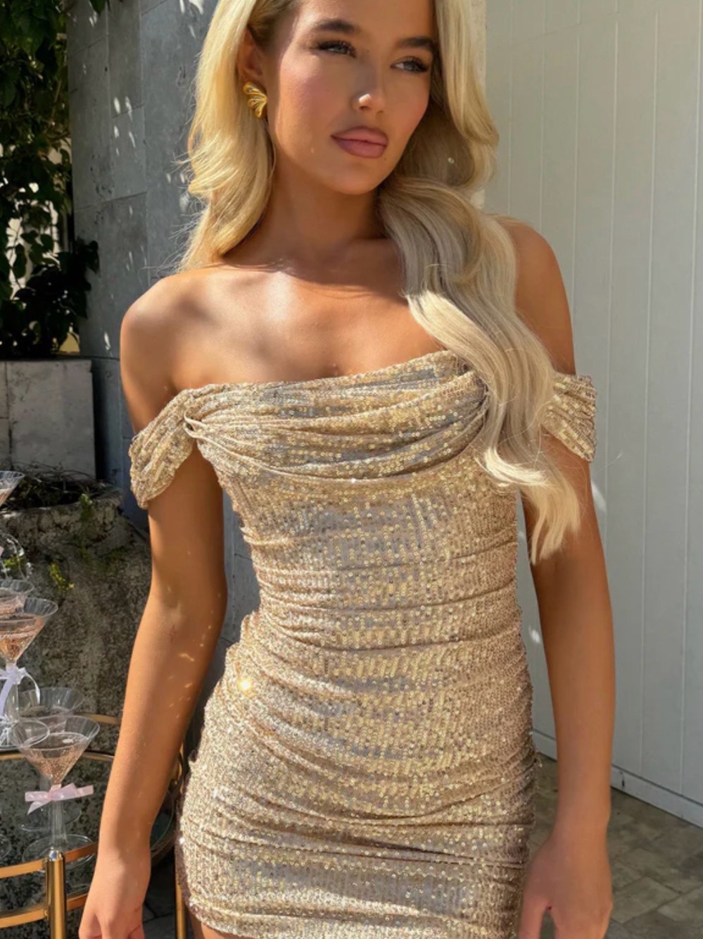 Off-Shoulder Sequin Mini Dress in Gold